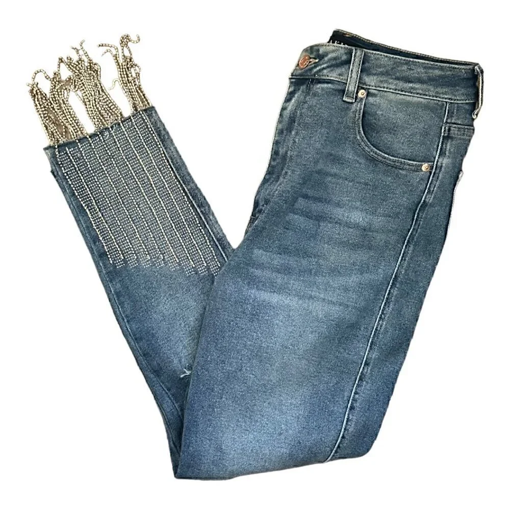 EUC - AKIRA Label Too Good High Waisted Rhinestone Fringe Skinny Jeans - Size 13 - Picture 7 of 15